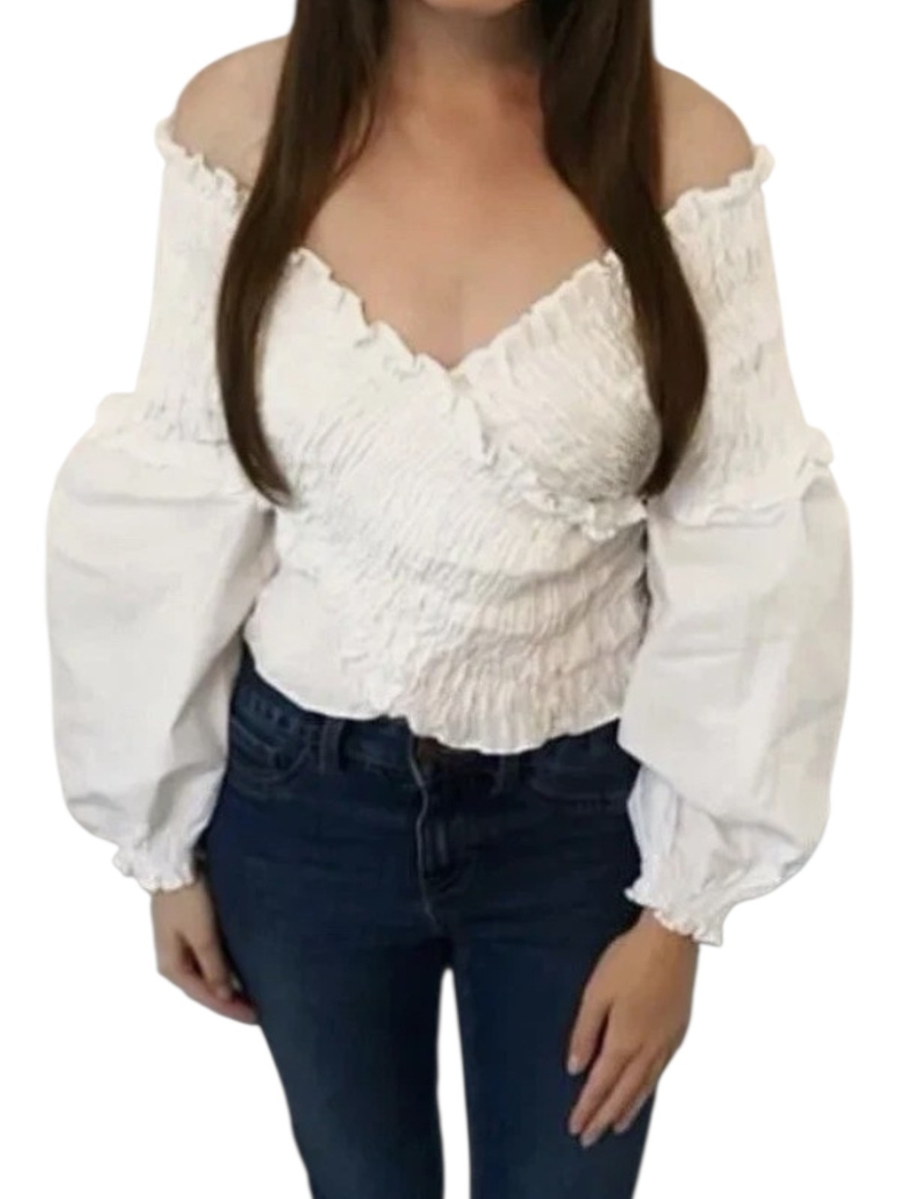 Zara White Off-Shoulder Smocked Blouse with Balloon Sleeves